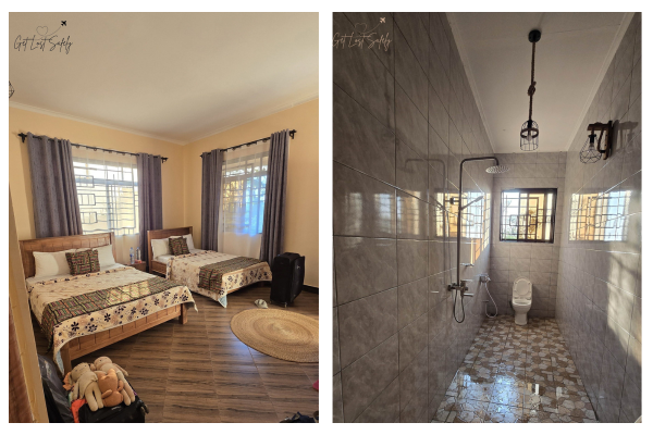 Kamar luas dan kamar mandi di penginapan Materuni Homes, Tanzania